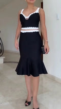Womens Spaghetti Strap Patchwork Contrasting Top + Half Skirt Elegant Casual Set