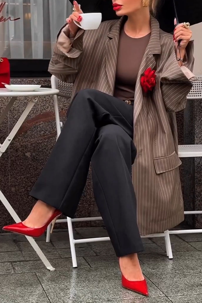 Women's Lapel Oversized Stripe Blazer with Flower