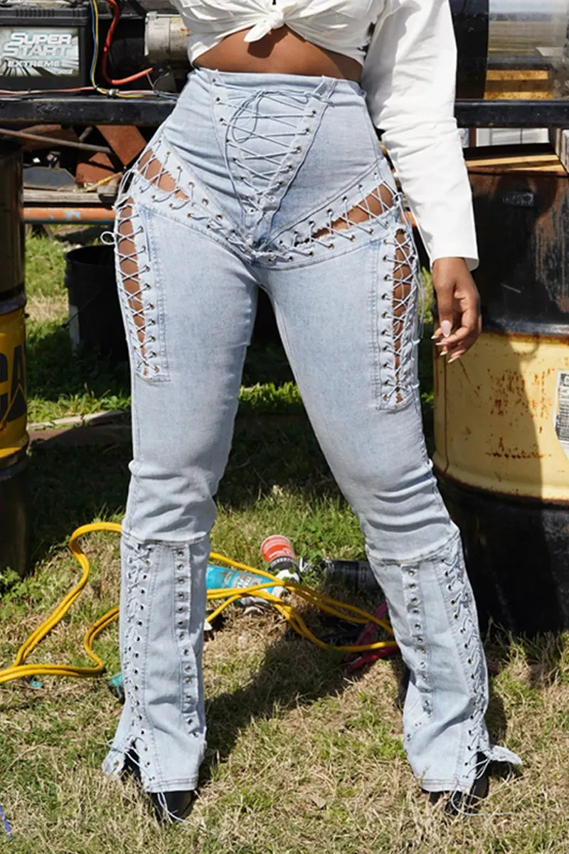 Ladies' Casual Washed Lace Up Ripped Tight Jeans