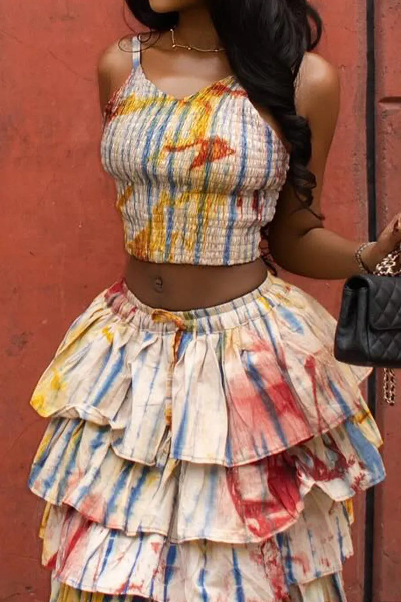 Women's Tie-Dye Spaghetti Strap Crop Top Or Layered Ruffle Skirt