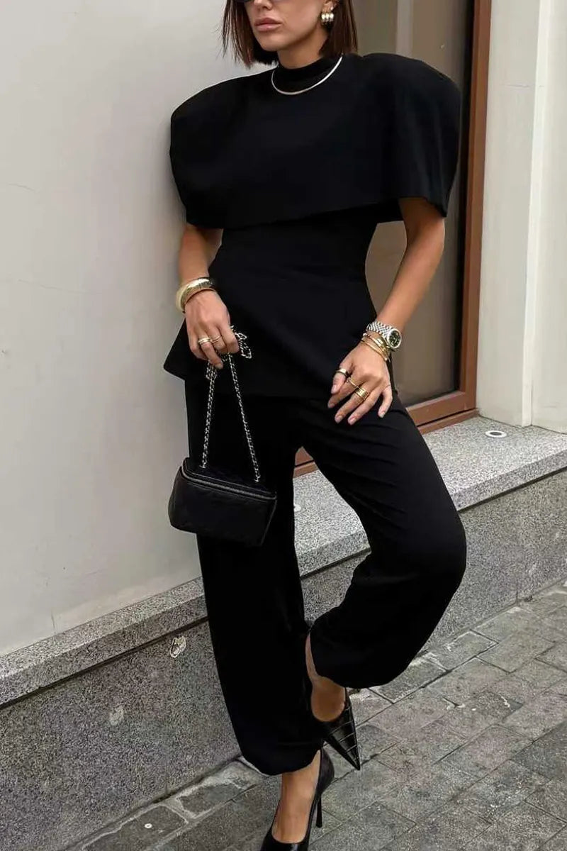 Womens Round Neck Splicing Top + Pants Solid Color Temperament Casual Suit