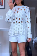 Women's Round Neck Hollow Out Solid Color Casual Top