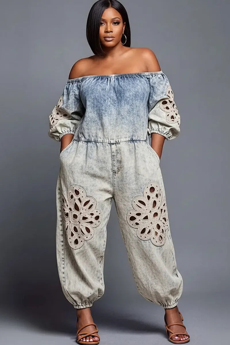 Women's Vacation White Off Shoulder Half Sleeved Hollow Pocket Denim Jumpsuit