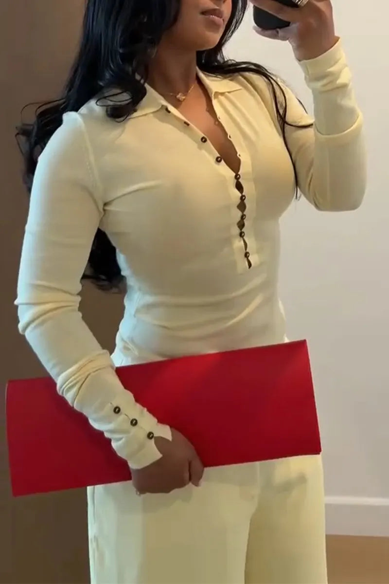 Women Casual Collared Breasted Top or Wide Leg Cropped Pants