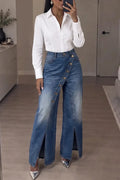 Women's High Waist Wide Leg Studded Detail Blue Denim Jeans