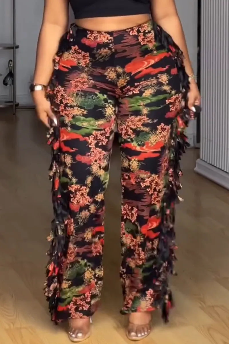 Women Strapless Top+ Patchwork Tassel Printed Pants Casual Set