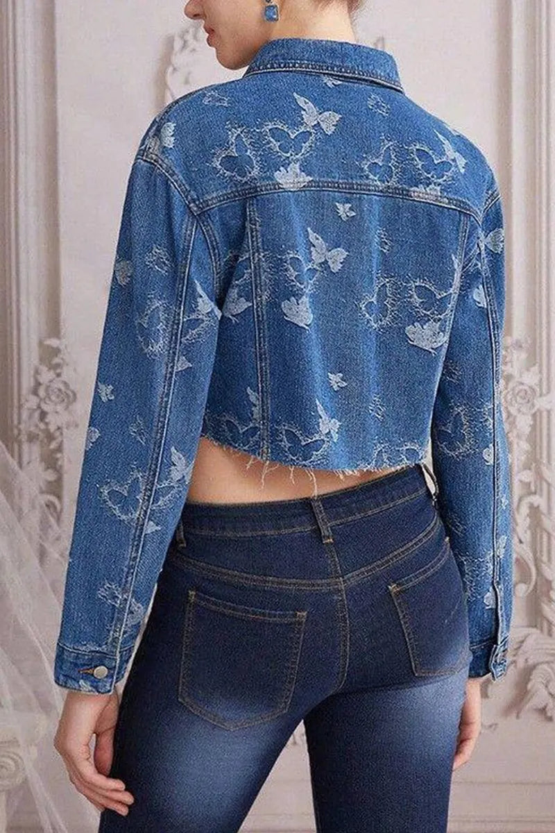 Ladies' Stylish Bow-Print Denim Jacket