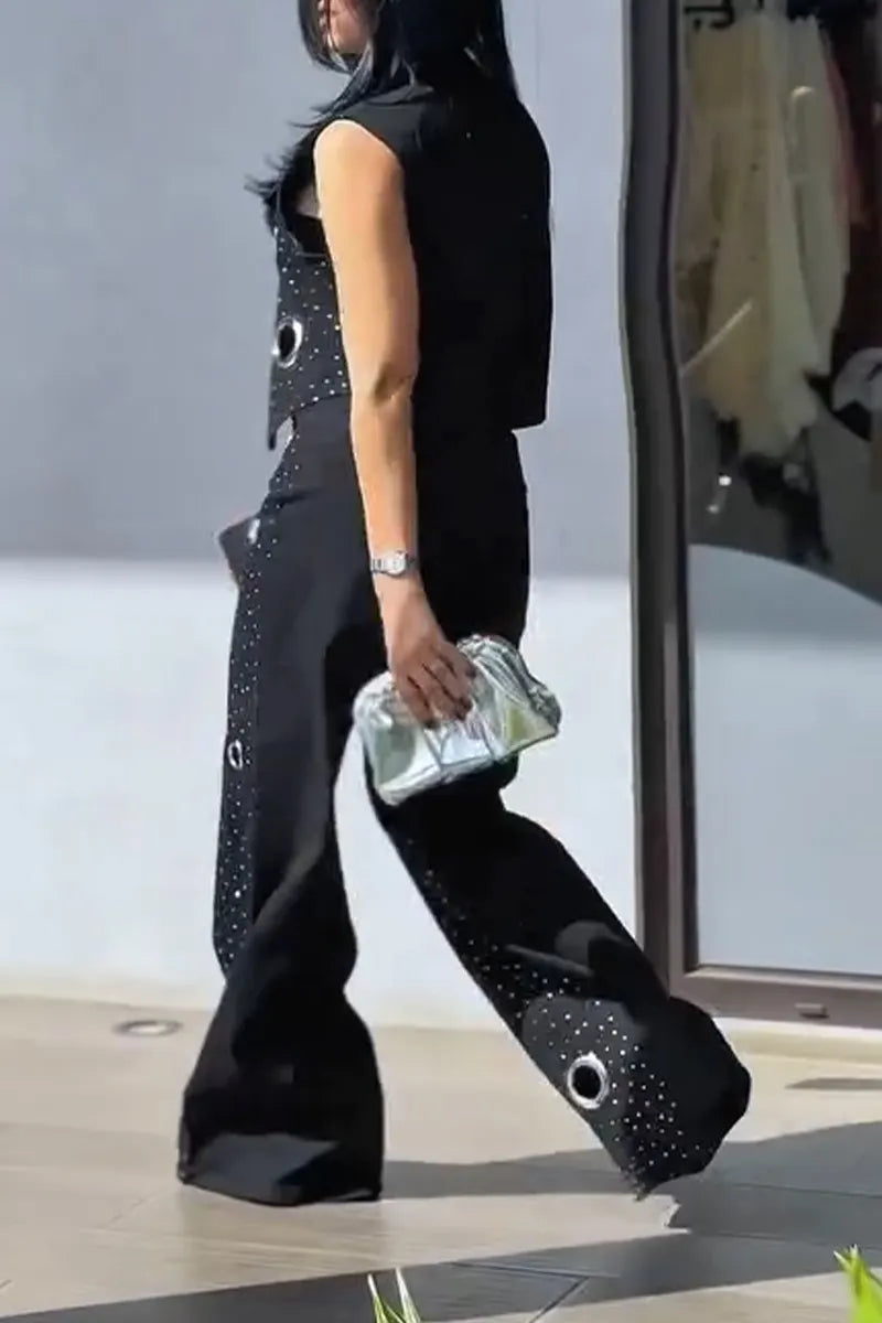 Women Casual Rhinestone Cutout Denim Vest or Wide-leg Jeans