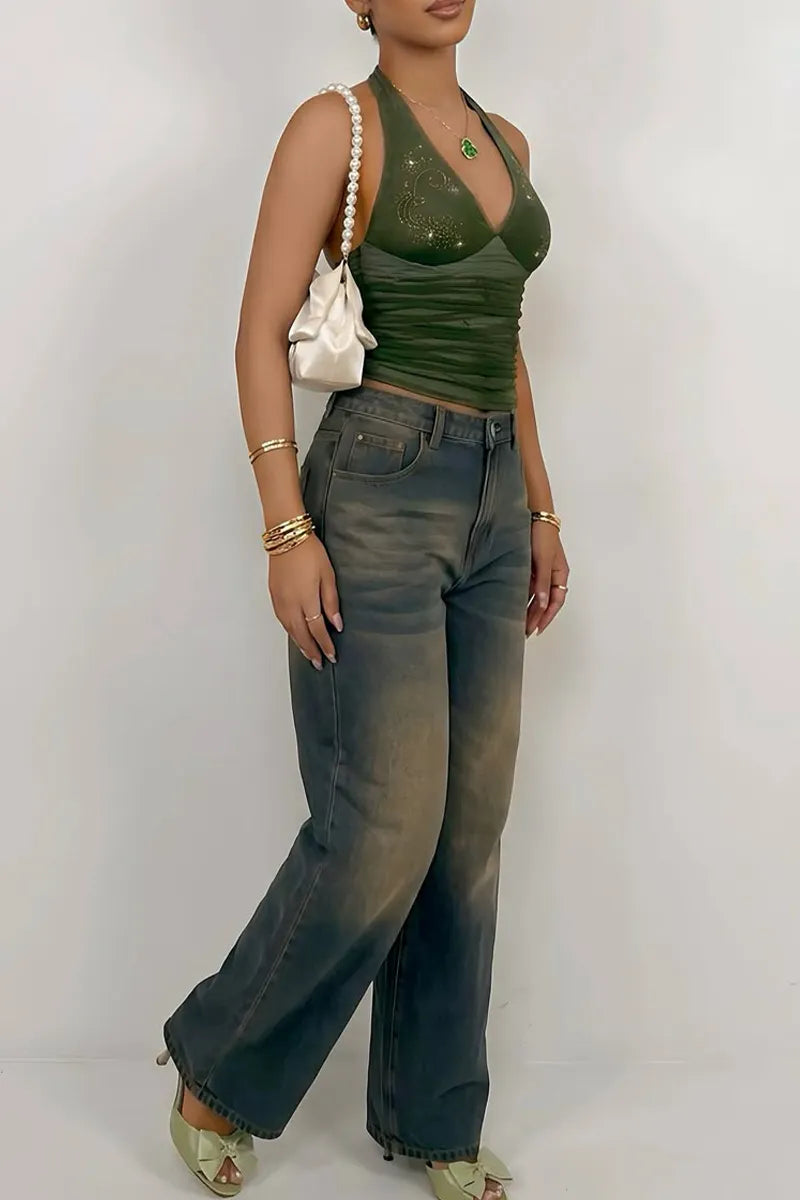 Women Neck Hanging Rhinestone Patterned Top or Washed Wide Leg Jeans