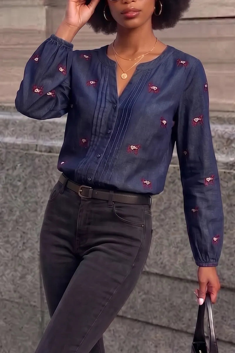 Women's Notched V-Neck Embroidered Button-Up Long Sleeve Denim Blouse