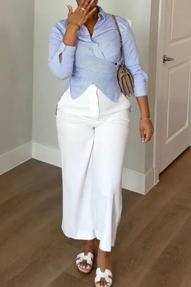 Women Collar Solid Color Shirt or Wide Leg Pants