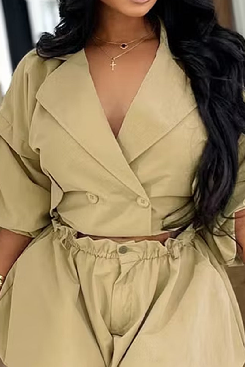 Women's Lapel Long Sleeve Cropped Commuter Top Or Loose Fit Tulip Hem Shorts