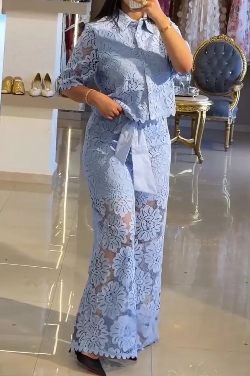Women Collar Casual Lace Patterned Top or Wide Leg Pants