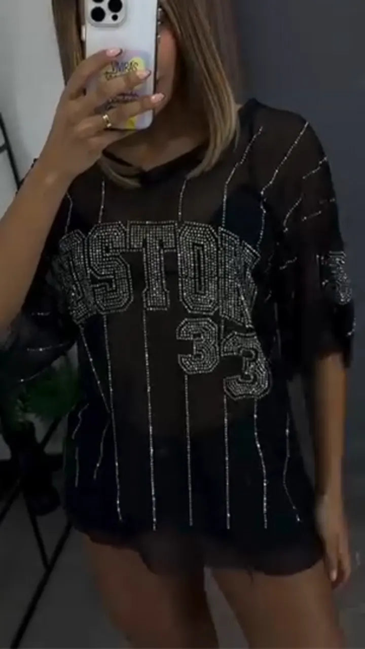 Women Round Neck Rhinestone Printed Letter Casual Top