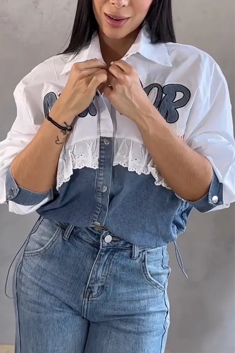Women's Collar Patchwork Denim Casual Shirt