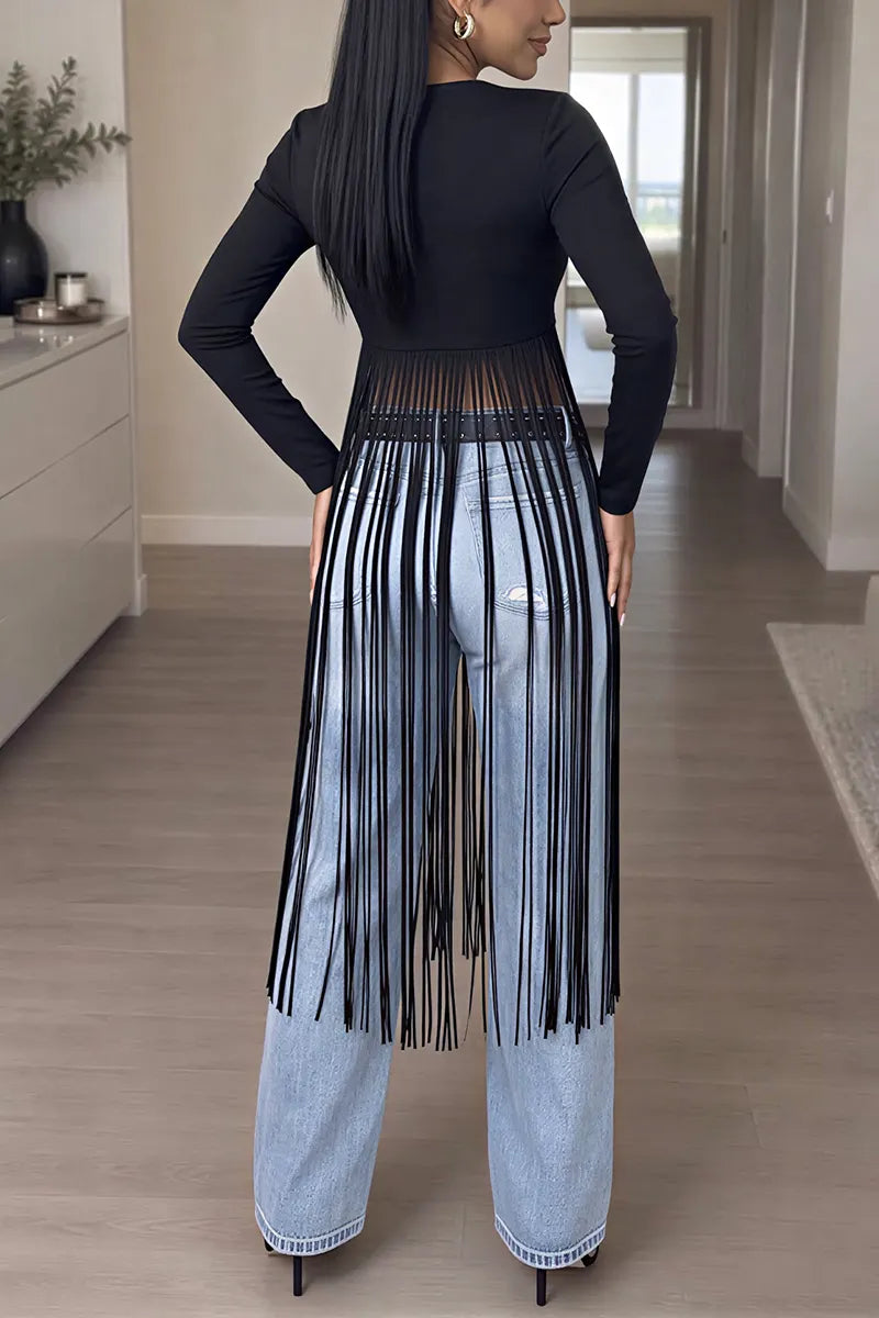 Women's Elegant Sweetheart Neck Long Sleeve Fringe Corset Black Top