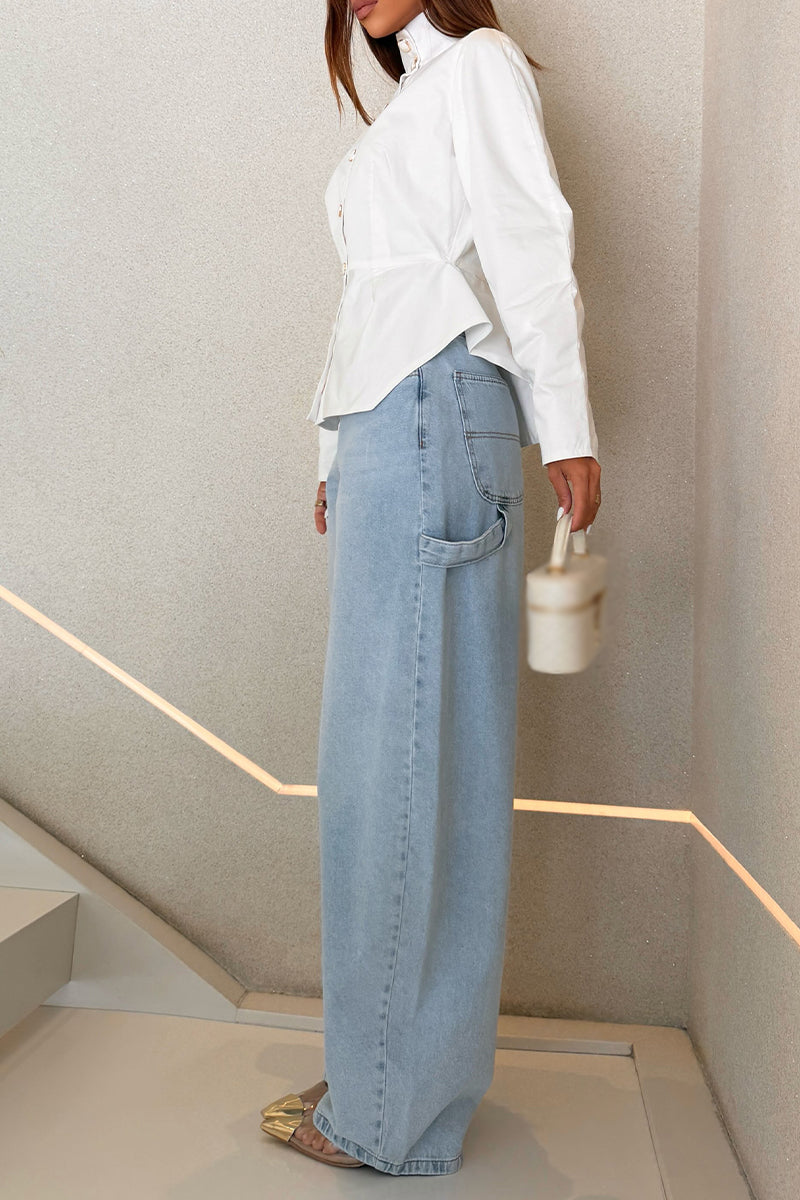 Women's Standing Collar Buckle Waist Cinching Elegant Casual Shirt