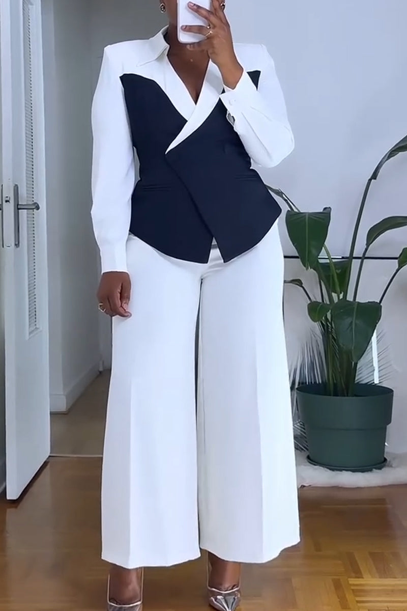 Women Collar Contrasting Jacket+ Pants Temperament Commuting Formal Suit