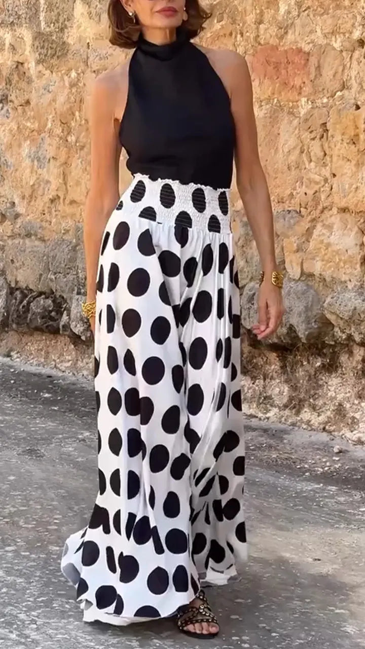 Ladies Round Neck Top+polka Dot Skirt Elegant Casual Set