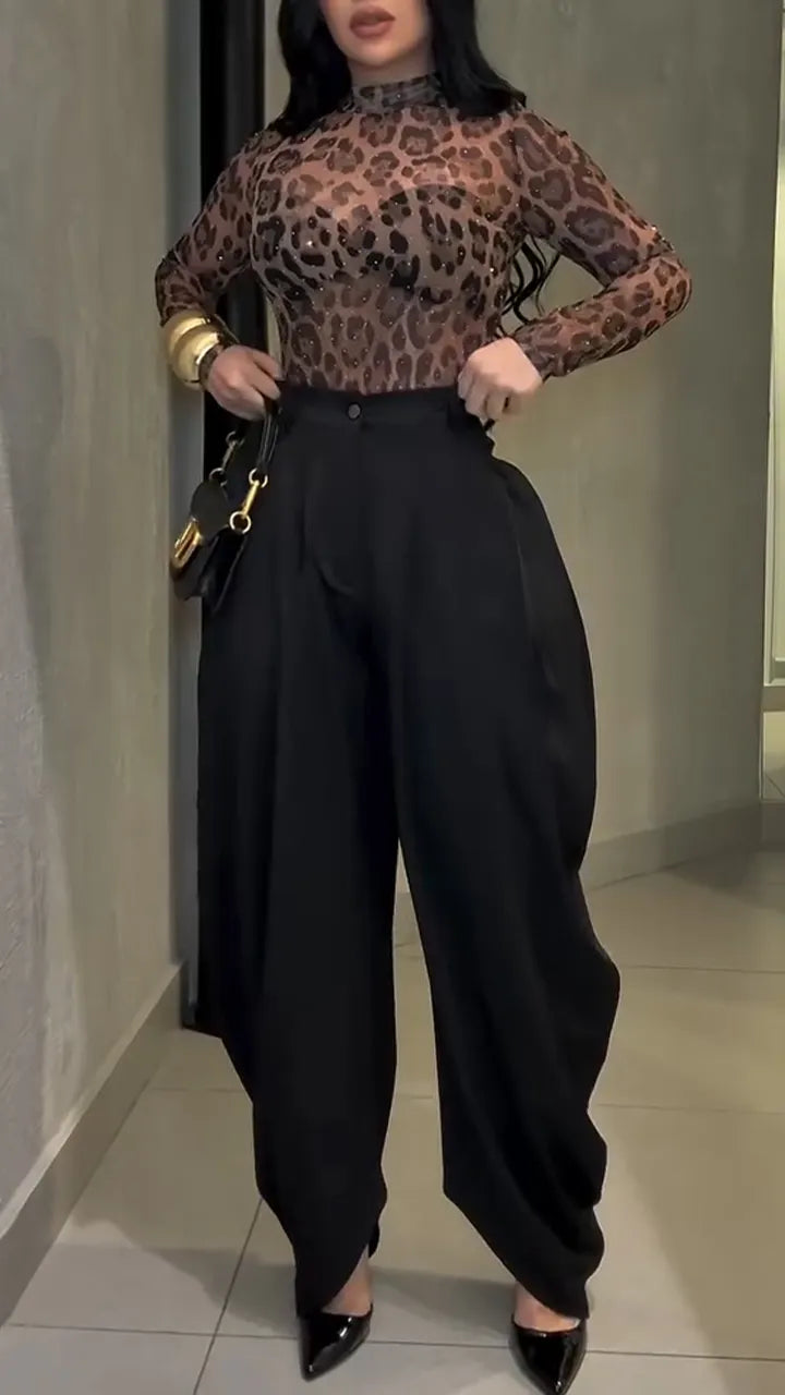 Women Round Neck Printed Top + Pants Temperament Casual Suit