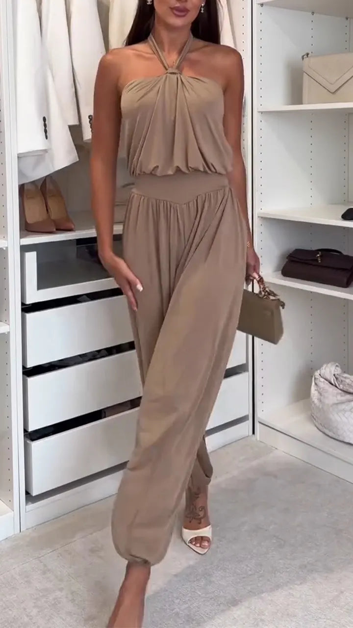 Women Hanging Neck Sleeveless Patchwork Solid Color Casual Jumpsuit