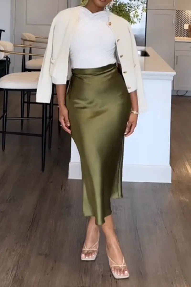 Women Round Neck Solid Color Top+ Satin Half Skirt Elegant Temperament Set