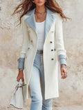 Vintage Denim Lapel And Cuffs Ribbed Knit Double-Breasted Mid-length Coat