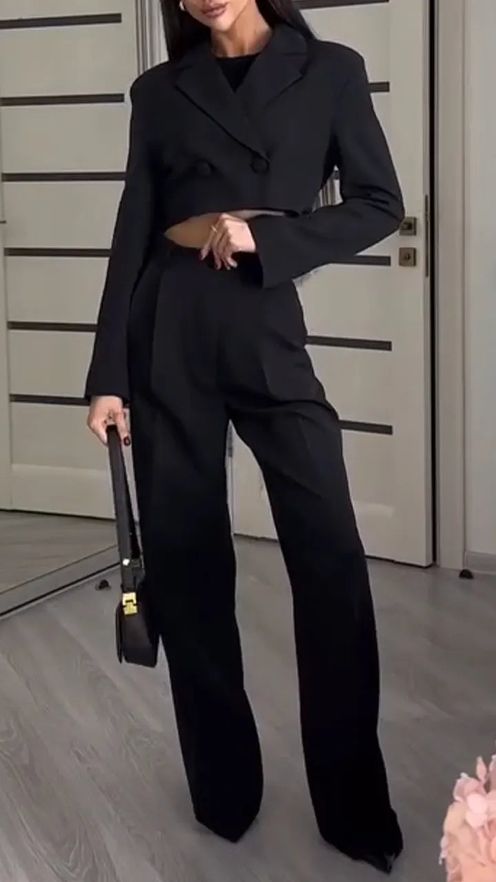 Women Collar Jacket+ Pants Solid Color Temperament Casual Suit