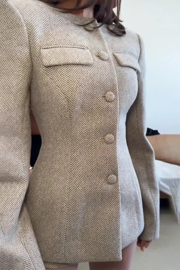 Women Retro Elegant Round Neck Divided Cut Blazer + Shorts Suit