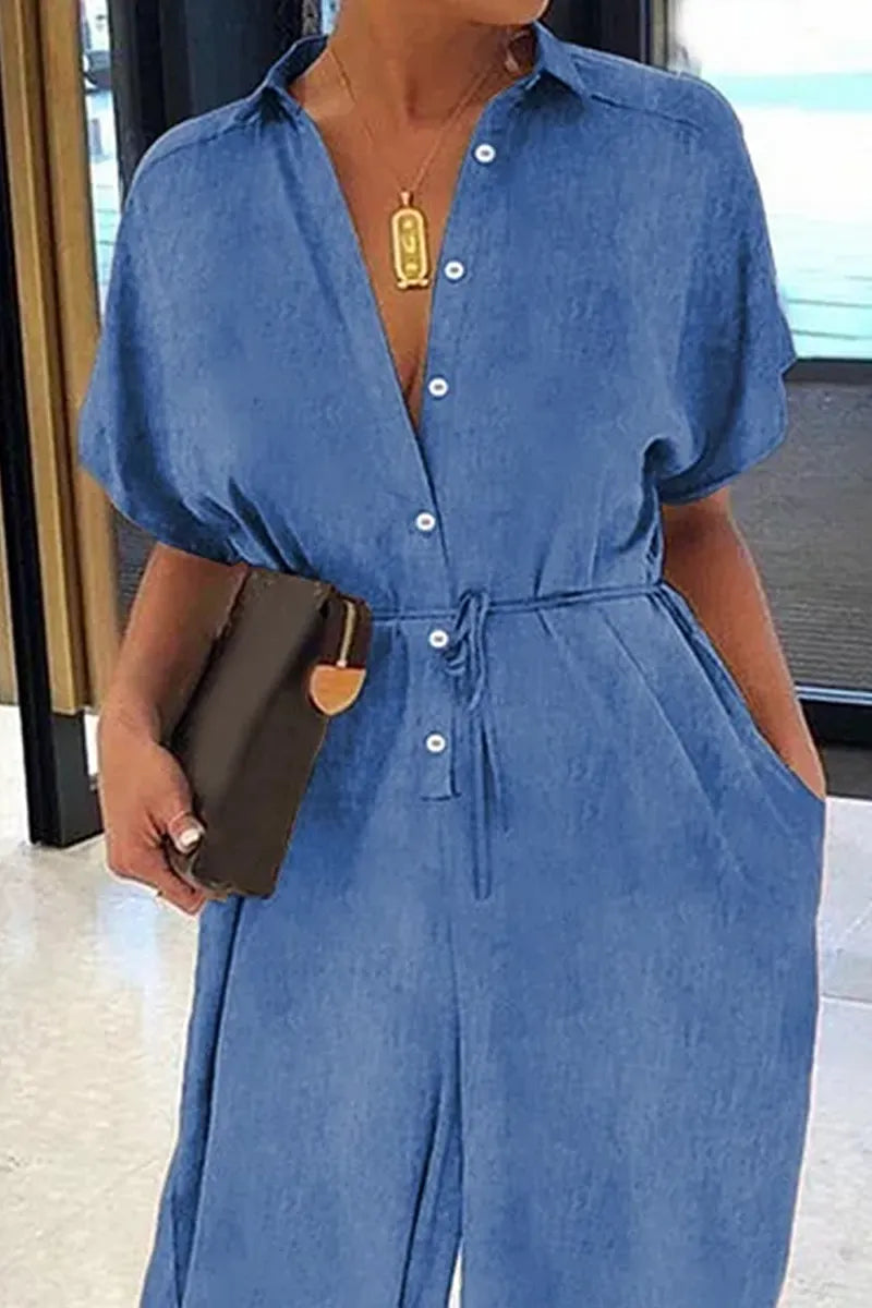 Hot Selling Women's Casual Solid Color Short Sleeved Denim Jumpsuit