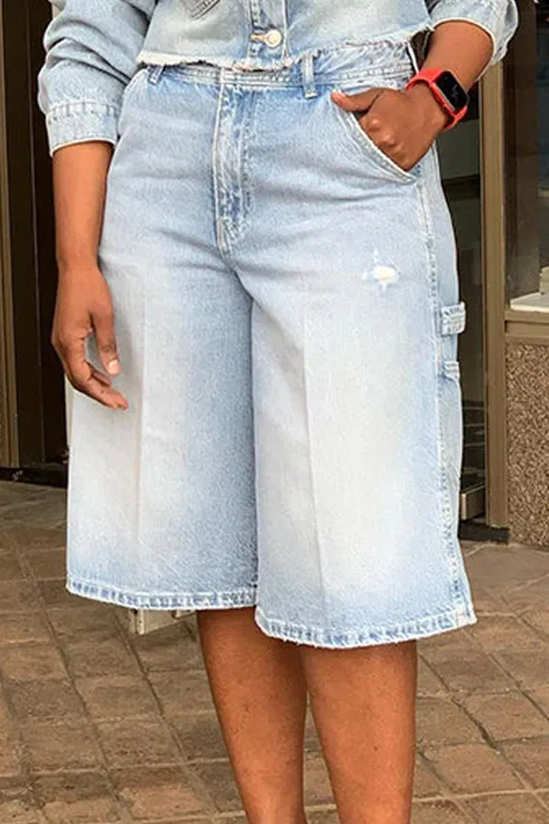 Ladies' Casual Denim Light Washed Top And Shorts