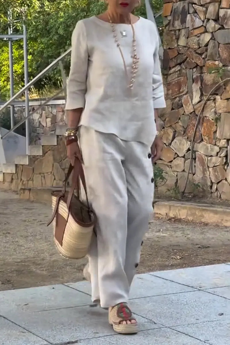 Women Round Neck Top + Breasted Pants Casual Cotton and Linen Set