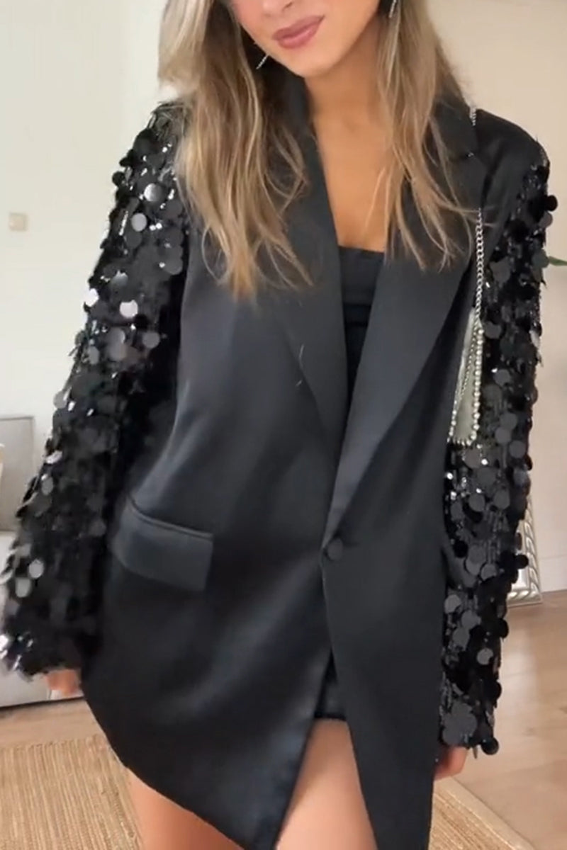 Women's Fashion Sequins Sleeve Decoration Lapel Blazer