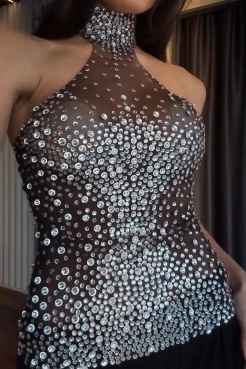 Women's Fashion Rhinestone Mesh Stretch Sheer Vest