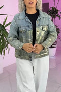 Women's Flip Collar Washed Water Gold Stamping Casual Denim Jacket