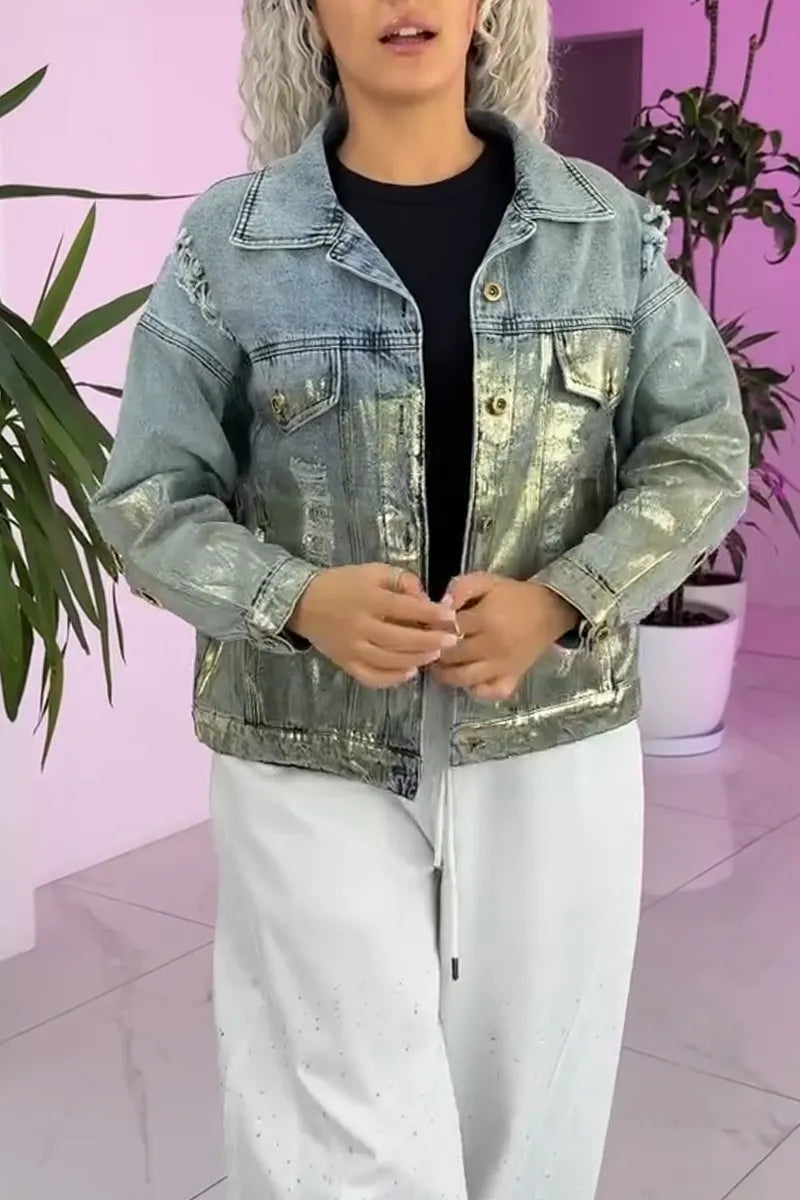 Women's Flip Collar Washed Water Gold Stamping Casual Denim Jacket