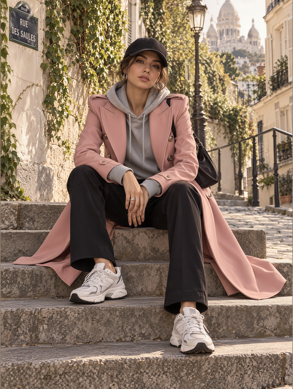 Military Style Dusty Pink Double-Breasted Longline Coat with Gold Buttons