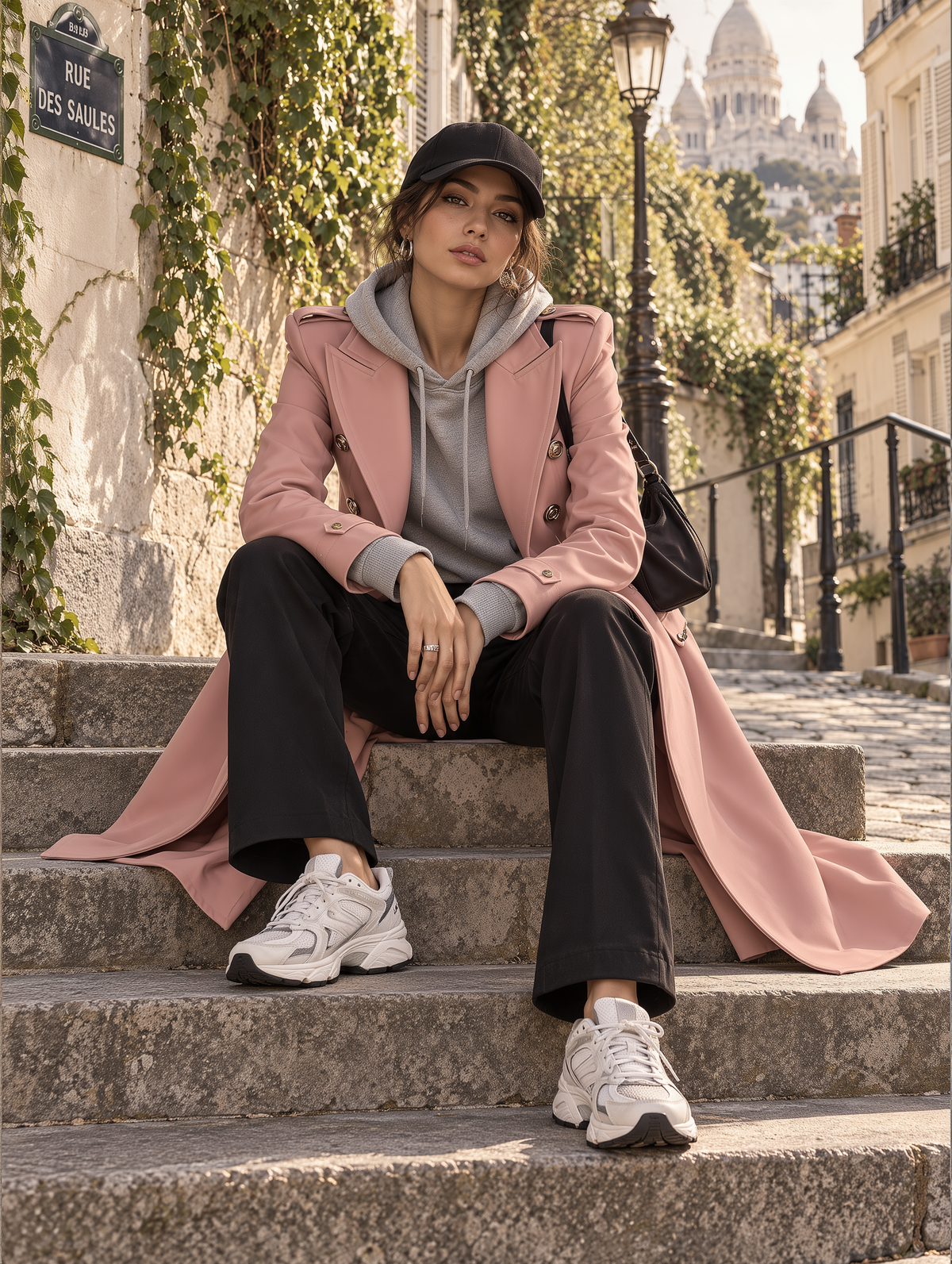 Military Style Dusty Pink Double-Breasted Longline Coat with Gold Buttons