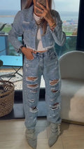 Women Collar Jacket+ Ripped Pants with Rhinestones Casual Denim Suit