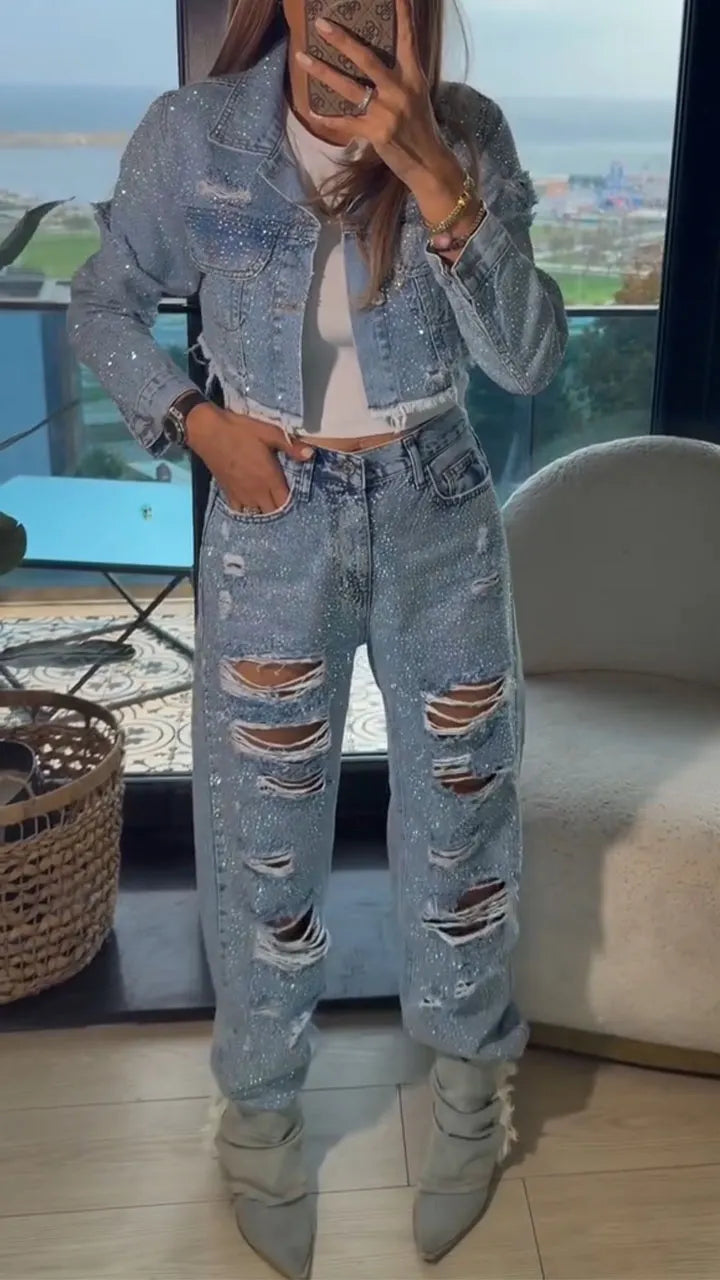 Women Collar Jacket+ Ripped Pants with Rhinestones Casual Denim Suit