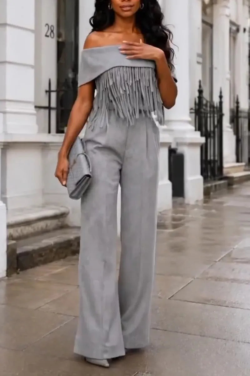 Women's Off Shoulder Patchwork Tassel Top+ Pants Elegant Temperament Set