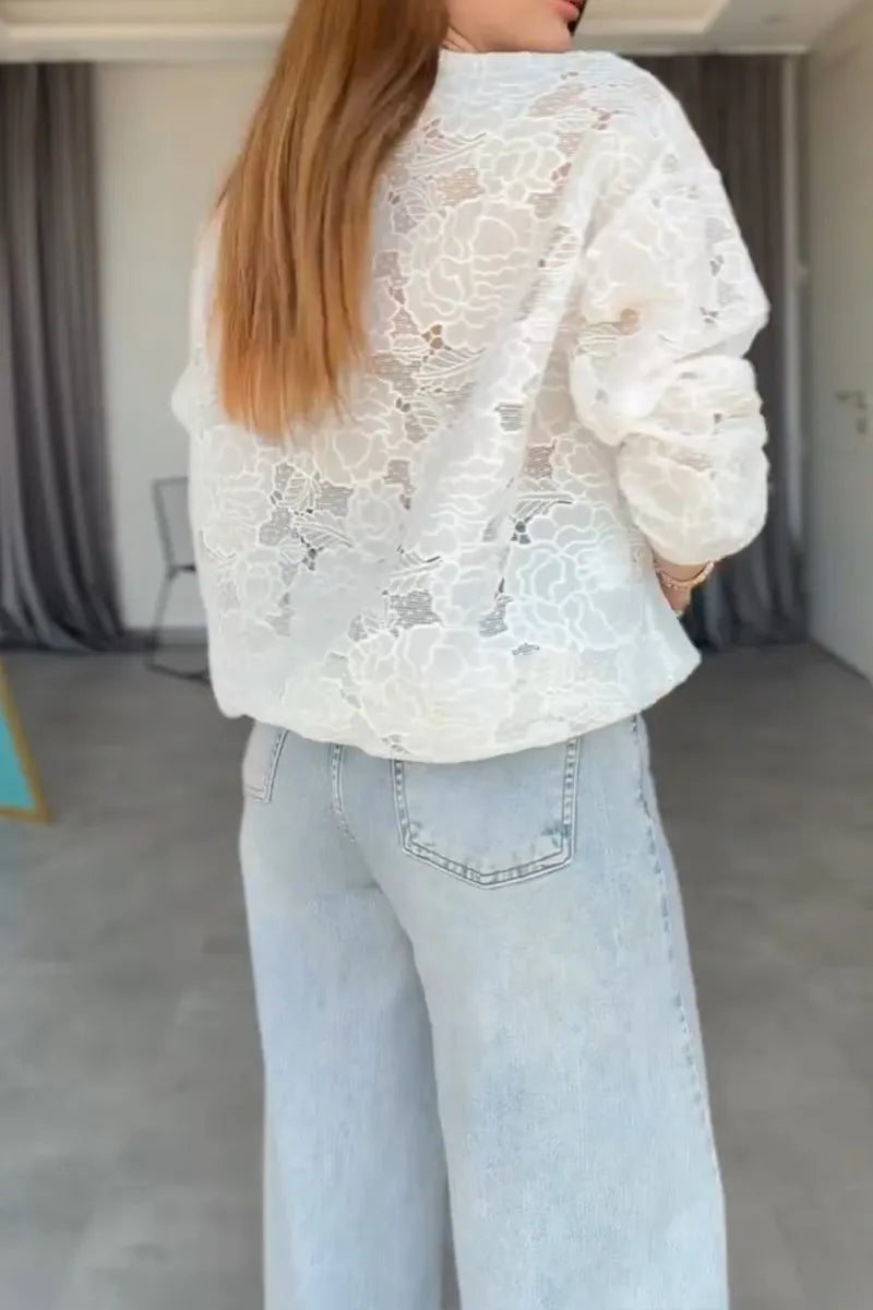 Women's Casual Flower Pattern Decoration Crew Neck Top