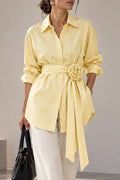 Women's Butter Yellow Button Down Shirt with 3D Rose Flower Belt Long Sleeve Lapel Blouse Tie Waist Casual Elegant Work Tops