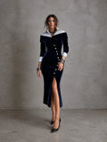 Asymmetric Button Placket Wide Lapel Off-Shoulder Faux Two-piece Velvet Midi Dress