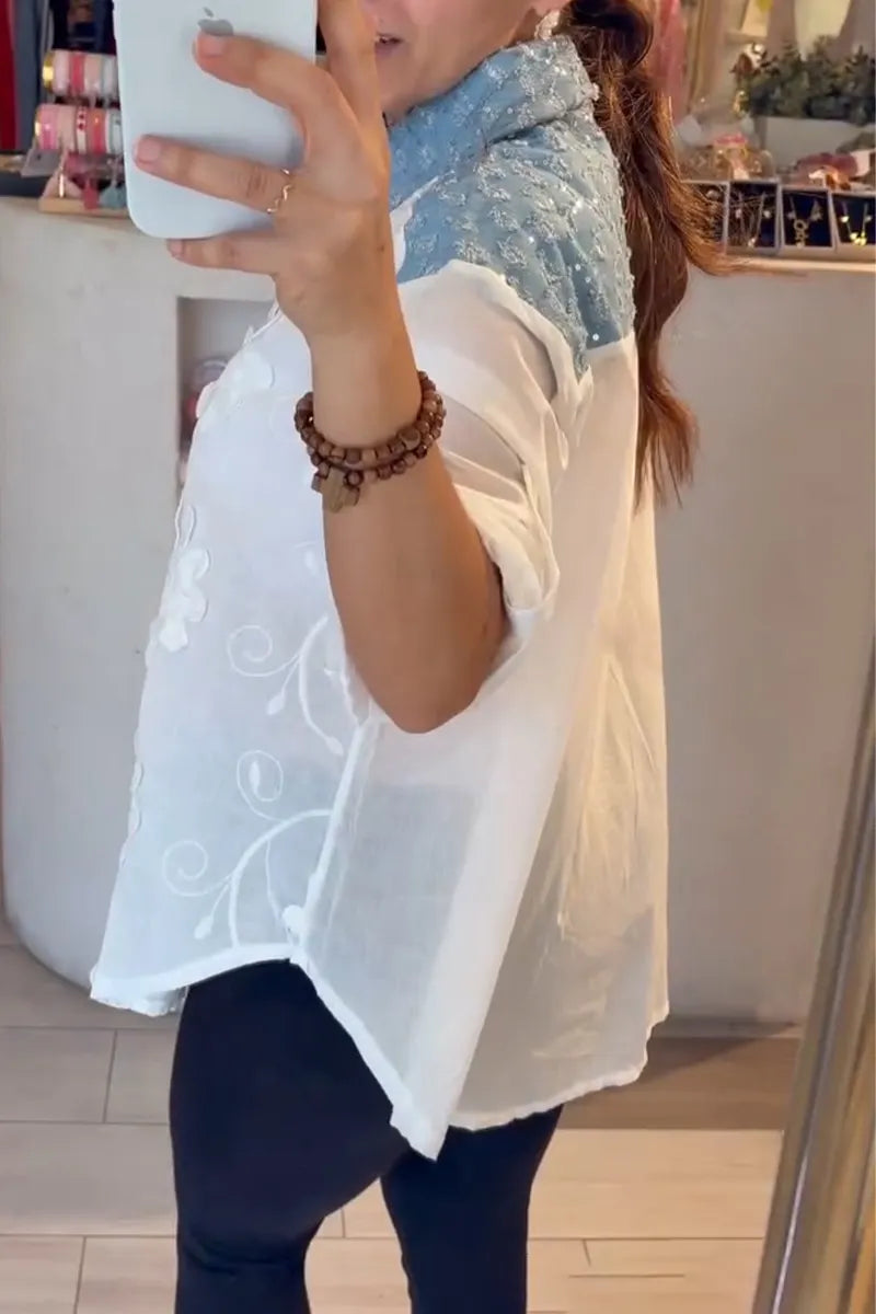 Women's Collar Patchwork Denim Sequin Casual Shirt