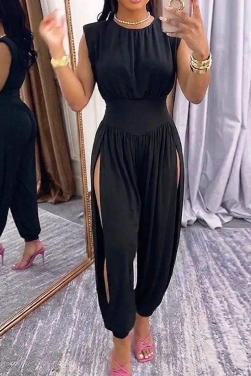 Women Spaghetti Strap Vertically Stitched Loose Casual Jumpsuit