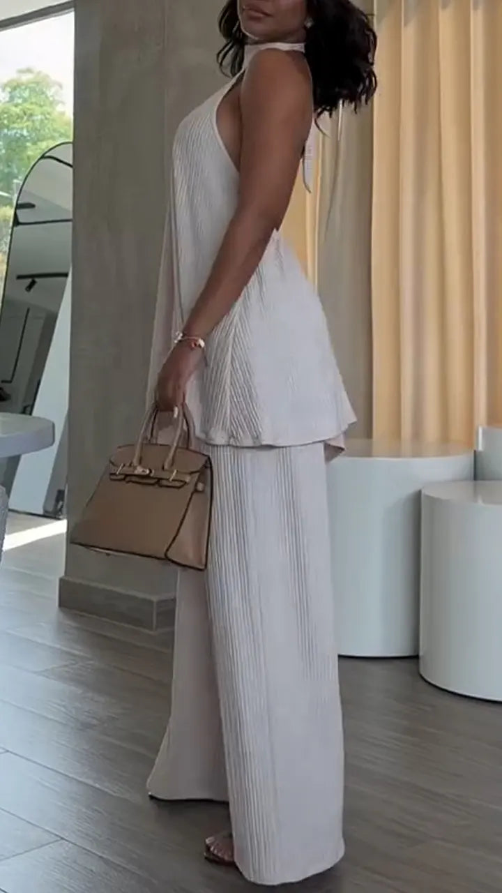 Women Neck Hanging Sleeveless Irregular Top + Pants Solid Color Casual Suit