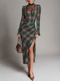 Green Plaid Lace Panel Long Sleeve Midi Dress with High Slit