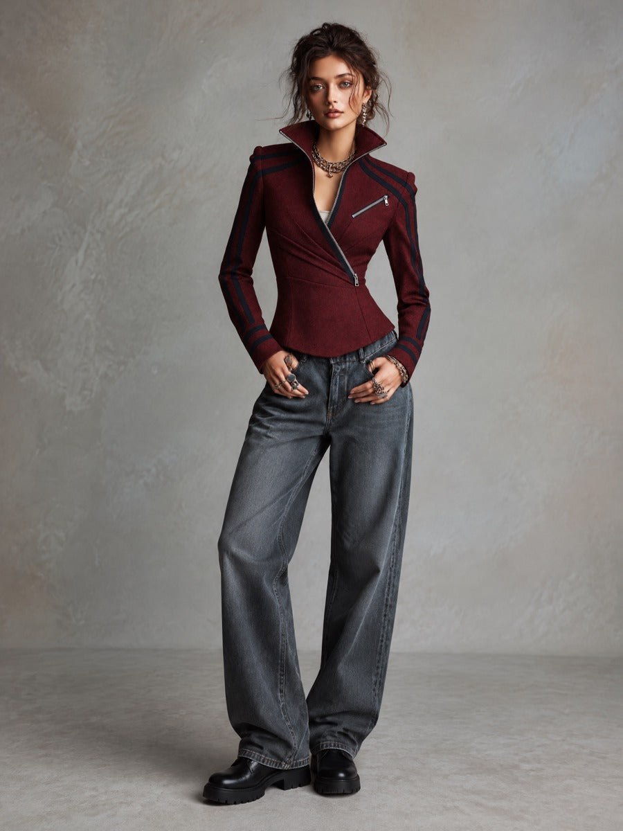Burgundy Asymmetric Zip High Collar Jacket With Navy Contrast Stripes