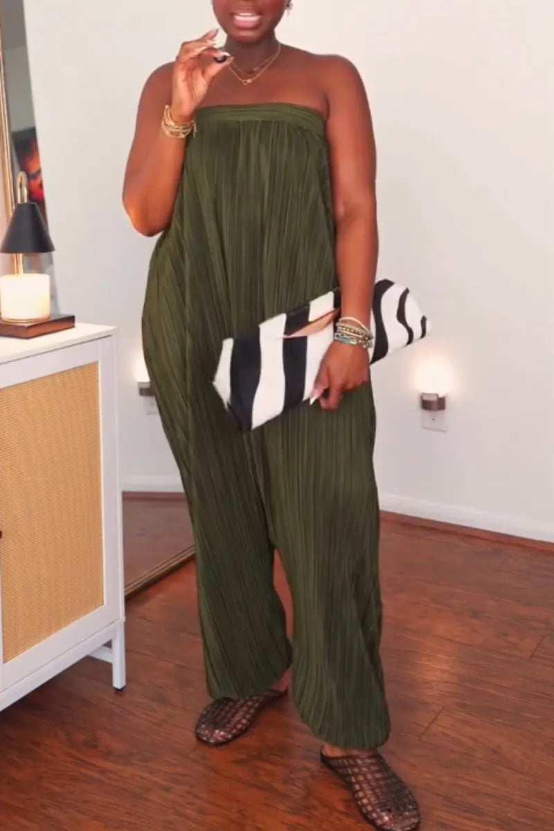 Women Strapless Solid Color Loose Casual Jumpsuit